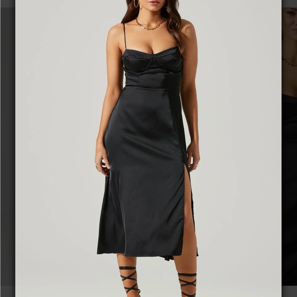 Astr Black Satin Slip Midi Dress with Side Slit